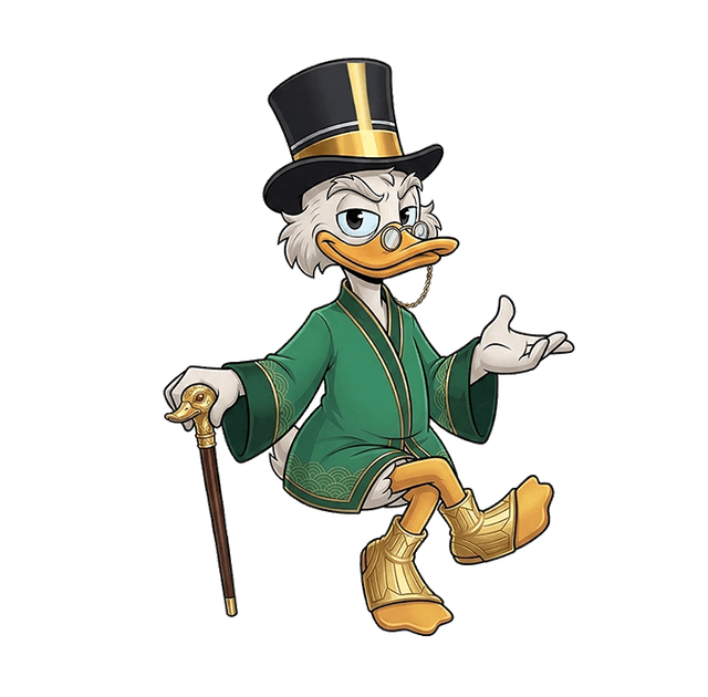 Donald Coins mascot sitting on coins