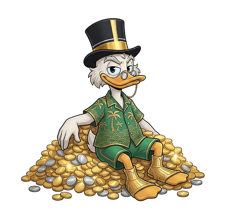 Donald Coins mascot sitting on a pile of gold and silver coins